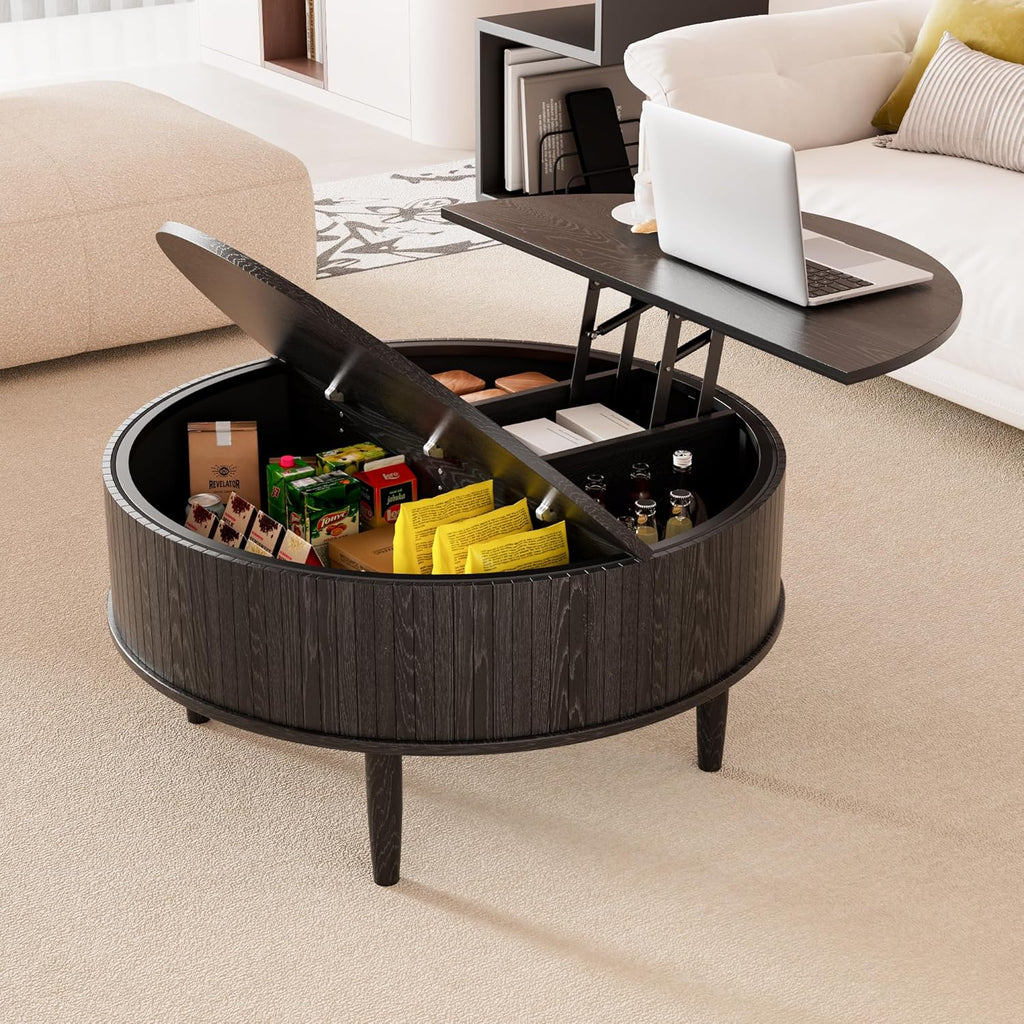 Round Fluted Lift Top Coffee Table with Storage, Mid Century Modern Coffee Table for Living Room, Home Small Space,31.5' Fluted Center Table (Black, 31.5inch)