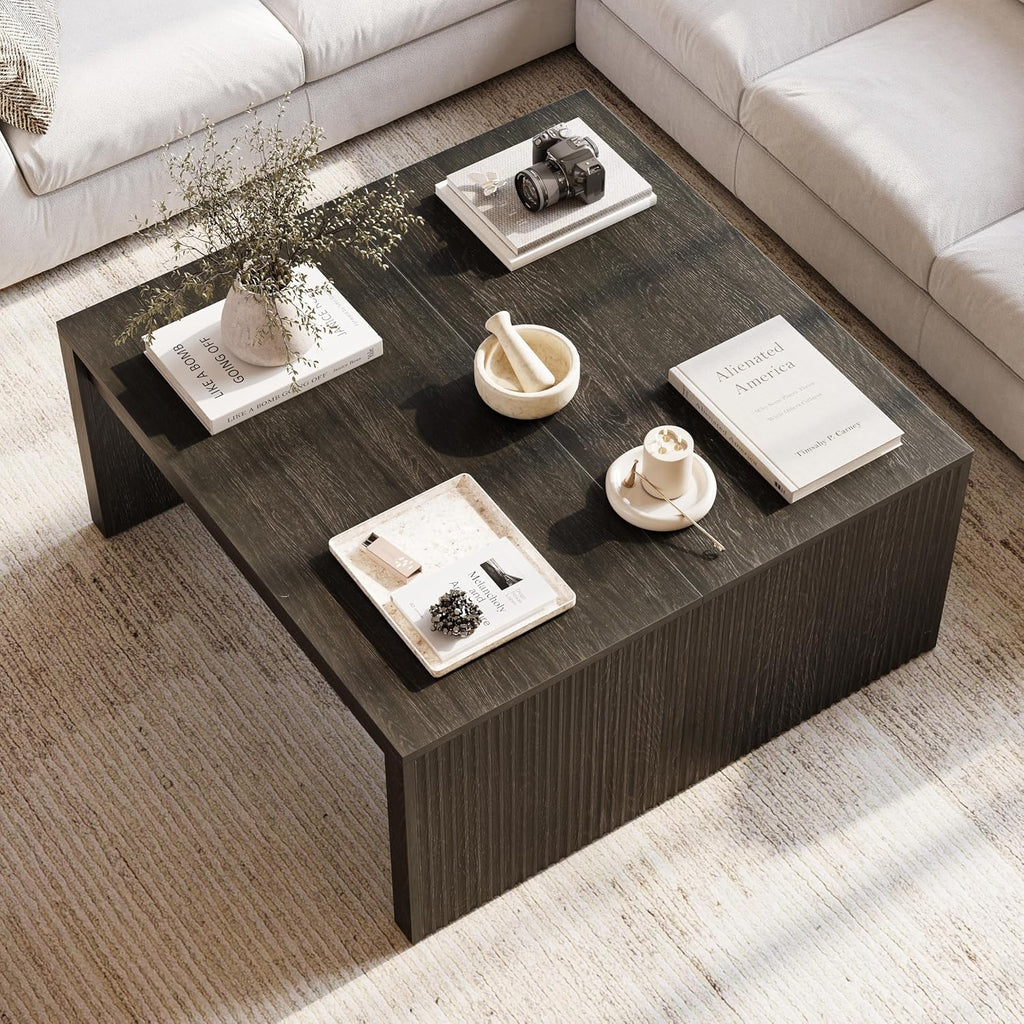LITTLE TREE Square Coffee Table, 39.4-Inch Fluted Coffee Tables, Mid-Century Modern Center Cocktail Table for Living Room Bedroom, Easy Assembly, Black