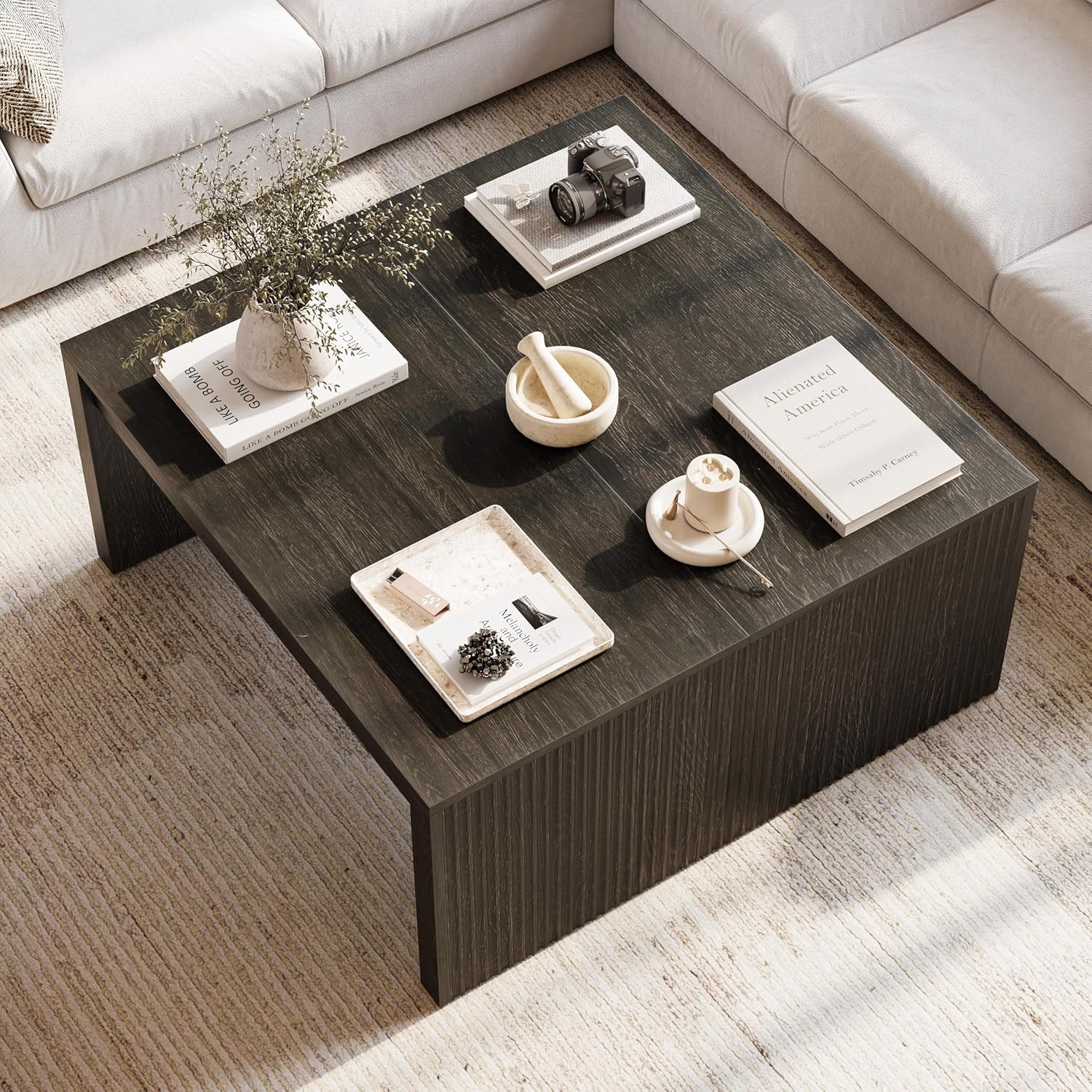 LITTLE TREE Square Coffee Table, 39.4-Inch Fluted Coffee Tables, Mid-Century Modern Center Cocktail Table for Living Room Bedroom, Easy Assembly, Black