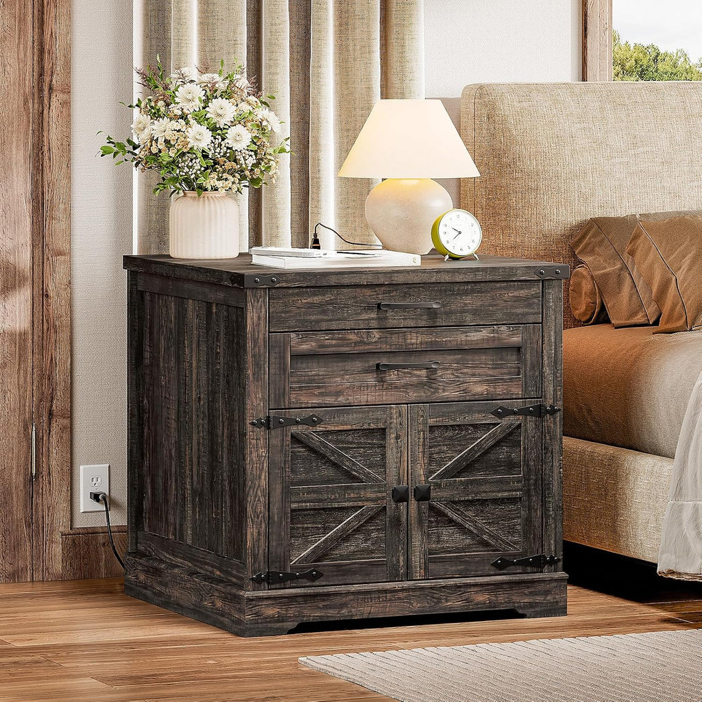 RALGEND Farmhouse End Table with Charging Station, 24'' Sofa Side Table with 2 Drawers and Barn Door, Large Rustic Wooden Square Nightstand for Bedroom, Living Room, Dark Rustic Oak