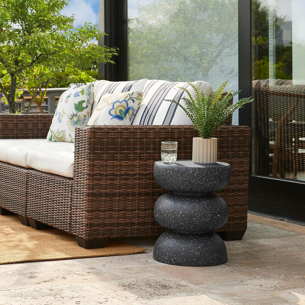 Glitzhome Outdoor Side Table, 18' H Decorative Garden Stool MGO Faux Terrazzo End Table, Heavy Duty Indoor Outdoor Round Planter Stand for Living Room Bedroom Patio Deck Poolside,Black