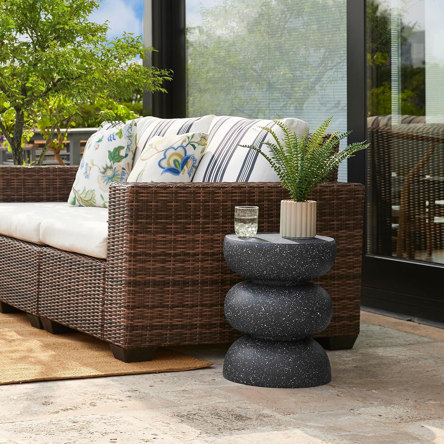 Glitzhome Outdoor Side Table, 18' H Decorative Garden Stool MGO Faux Terrazzo End Table, Heavy Duty Indoor Outdoor Round Planter Stand for Living Room Bedroom Patio Deck Poolside,Black