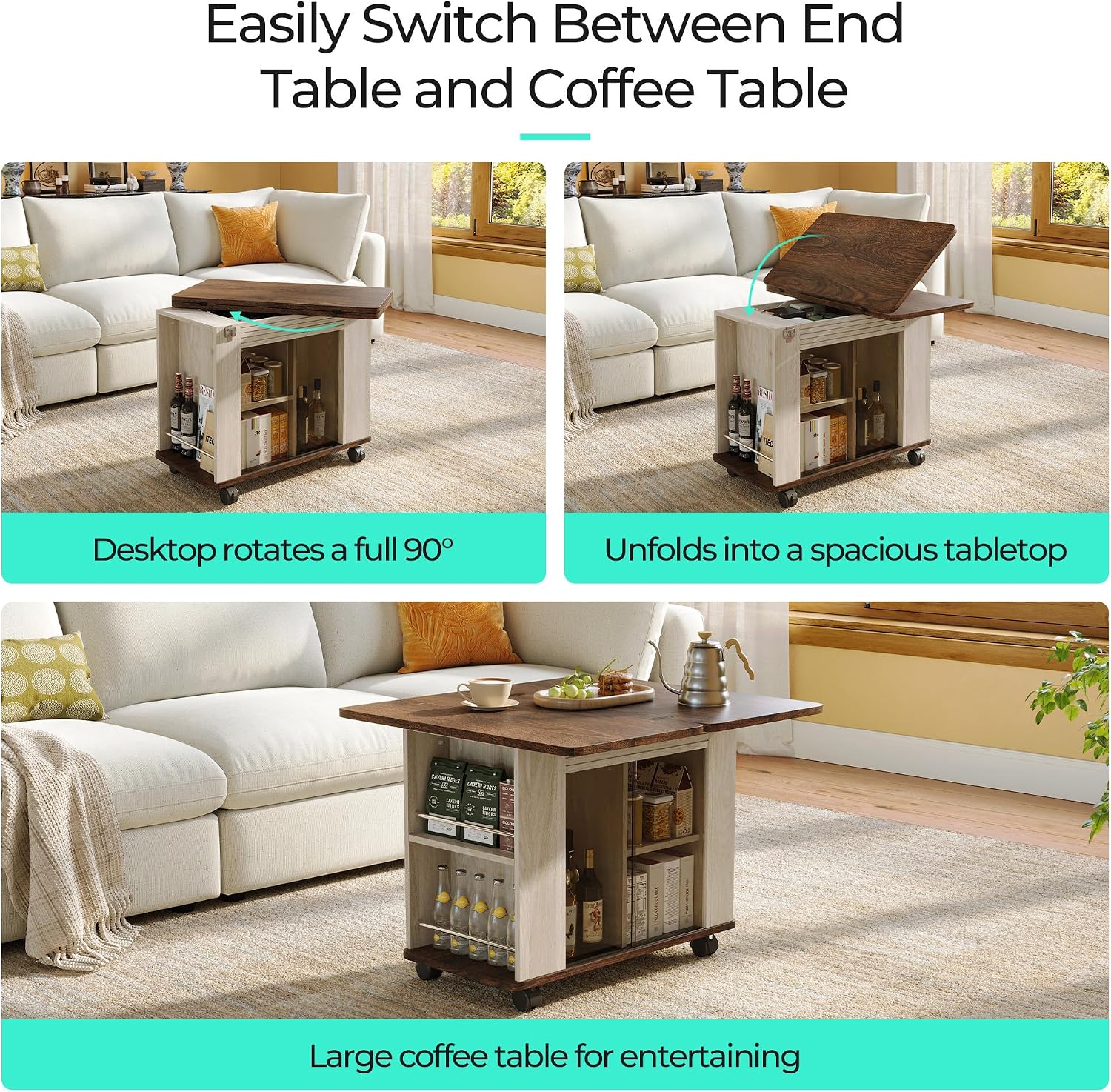LINSY Folding Top End Table, Rolling Side Table with Universal Wheels, Modern Farmhouse Coffee Table with Sliding Glass Doors and Storage Shelf, Wood Narrow Nightstand for Living Room and Small Space