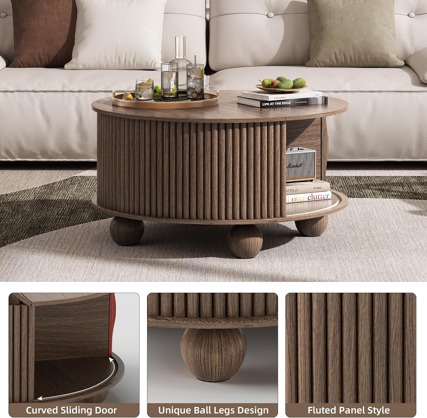 Round Coffee Table with Storage, 31.5' Mid Century Modern Coffee Table with Sliding Door & Bun Feet, Minimalist Fluted Center Table for Living Room, Home Small Space, Walnut