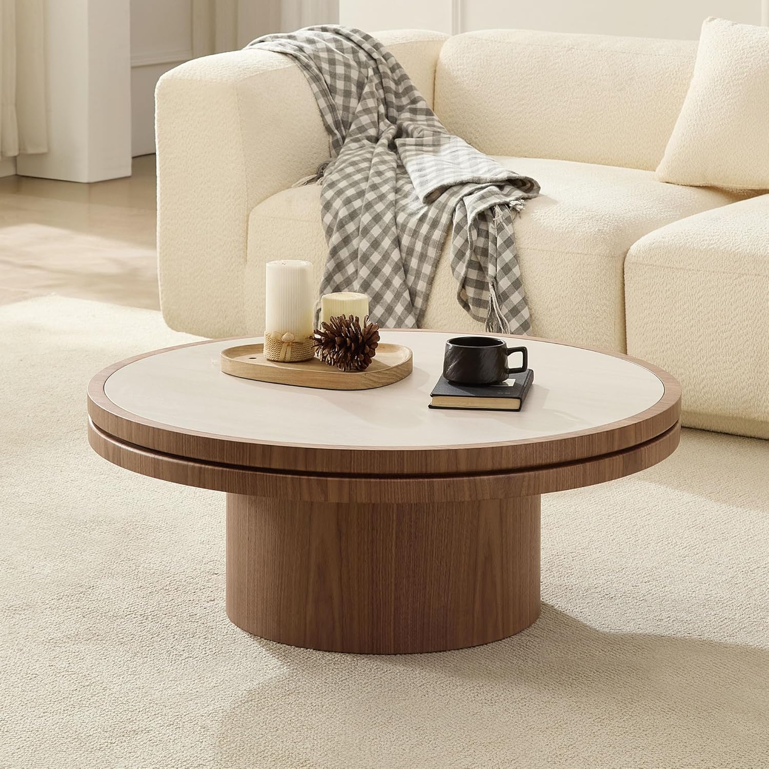 35.43' Farmhouse Round Coffee Table with Sintered Stone Tabletop, Sturdy Wood MDF Pedestal Coffee Tables for Living Room, Modern Circle Center Tea Table for Apartment, Office Bedroom Walnut