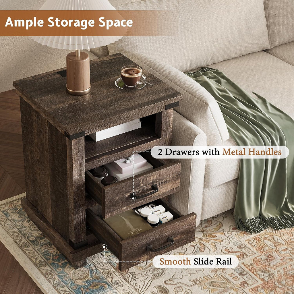AMERLIFE Farmhouse End Table Set of 2, 18' Wood Night Stand with Charging Station & 2 Storage Drawers, Heavy Duty Bedside Nightstands for Bedroom, Living Room, Black Oak
