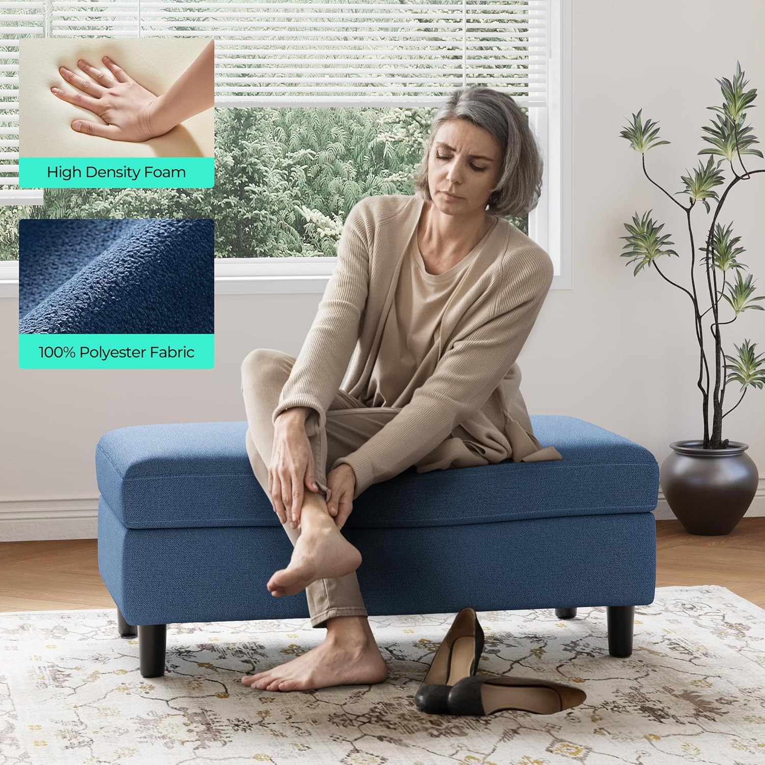 LINSY HOME 46 Inches Wide Storage Ottoman Bench, Linen Coffee Table Long Shoes Bench Footstool, Storage Chest, Foot Rest Stool, for The Living Room, Entryway and Family Room (Blue)