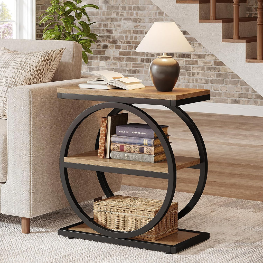 Tribesigns Side End Table with 3 Storage Shelves Set of 2, Industrial Sofa Table with Round Metal Frame for Living Room, Engineered Wood Nightstand for Bedroom, Oak