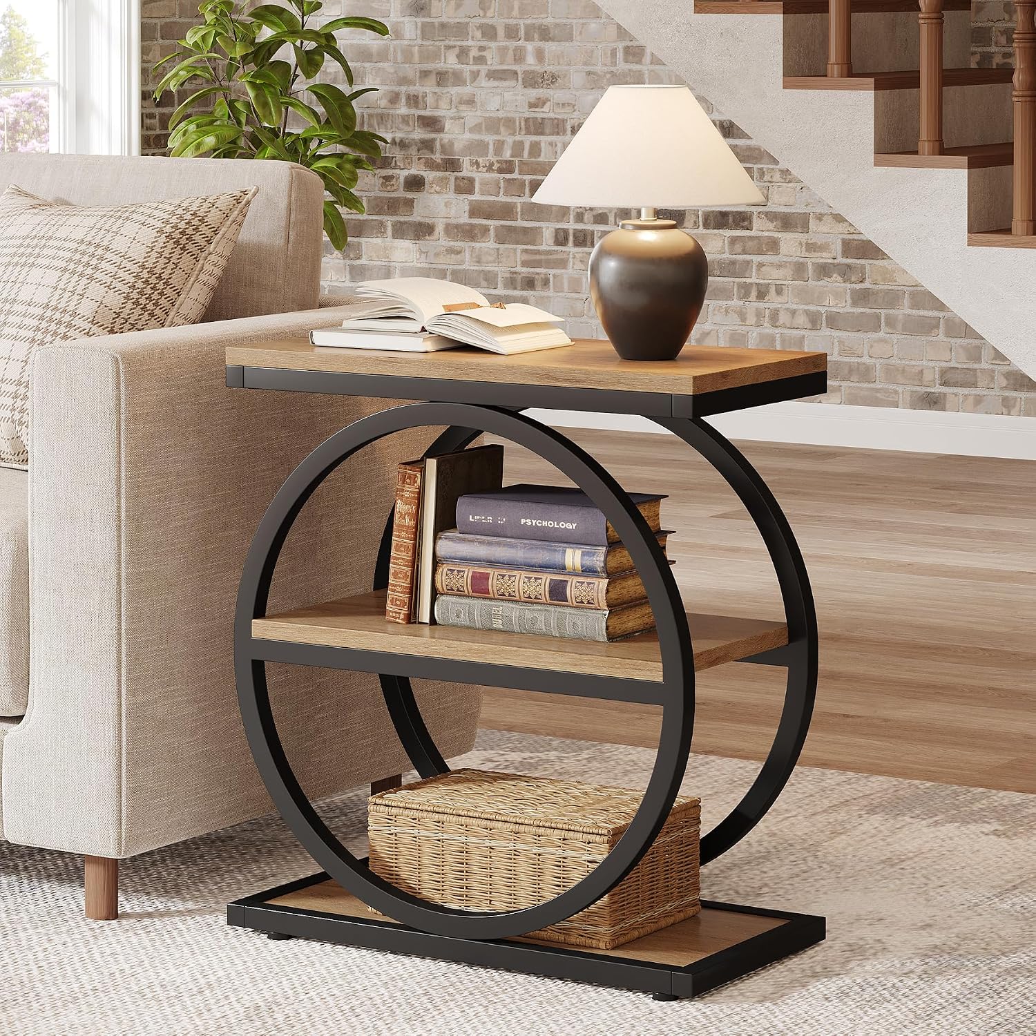 Tribesigns Side End Table with 3 Storage Shelves Set of 2, Industrial Sofa Table with Round Metal Frame for Living Room, Engineered Wood Nightstand for Bedroom, Oak