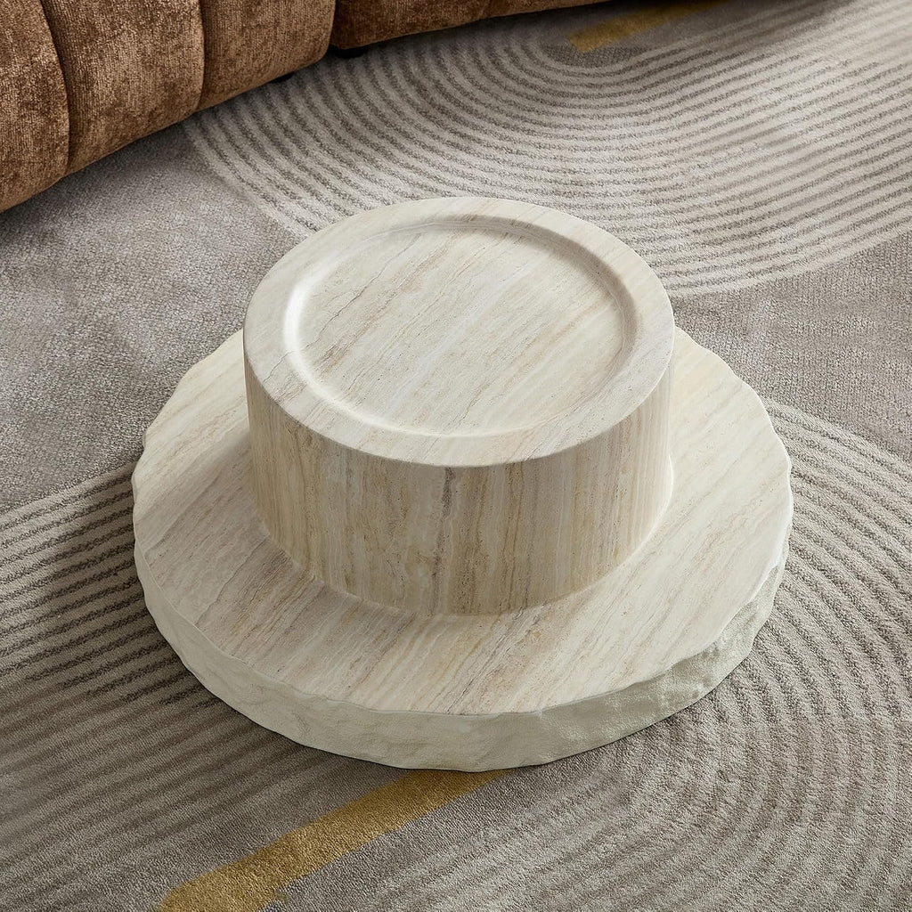 Round Coffee Table, 31.69' Fiberglass Faux Marble Pattern Imitation Stone Table Cement Center Table for Living Room Apartment