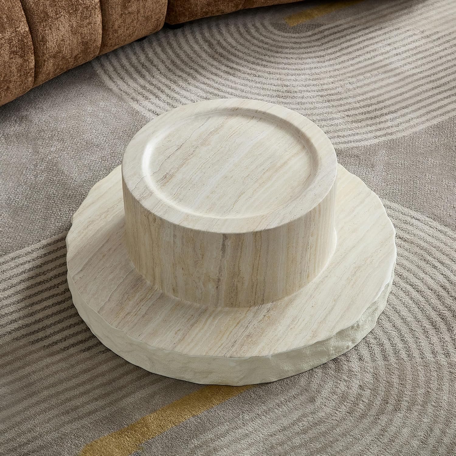 Round Coffee Table, 31.69' Fiberglass Faux Marble Pattern Imitation Stone Table Cement Center Table for Living Room Apartment