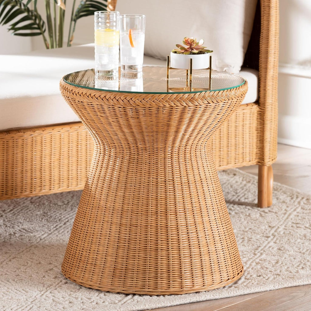 Bali & pari Nina Handwoven Rattan Hourglass Side Table with Glass Top – Boho Wicker Accent Table, Natural Fiber Round End Table for Living Room or Patio