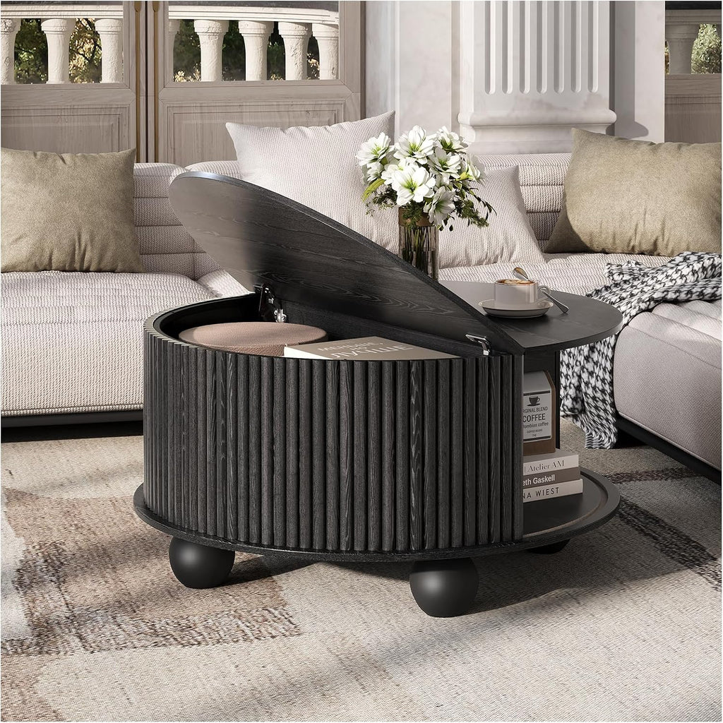 Round Coffee Table with Storage, 31.5' Mid Century Modern Coffee Table with Sliding Door & Bun Feet, Minimalist Fluted Center Table for Living Room, Home Small Space, Black