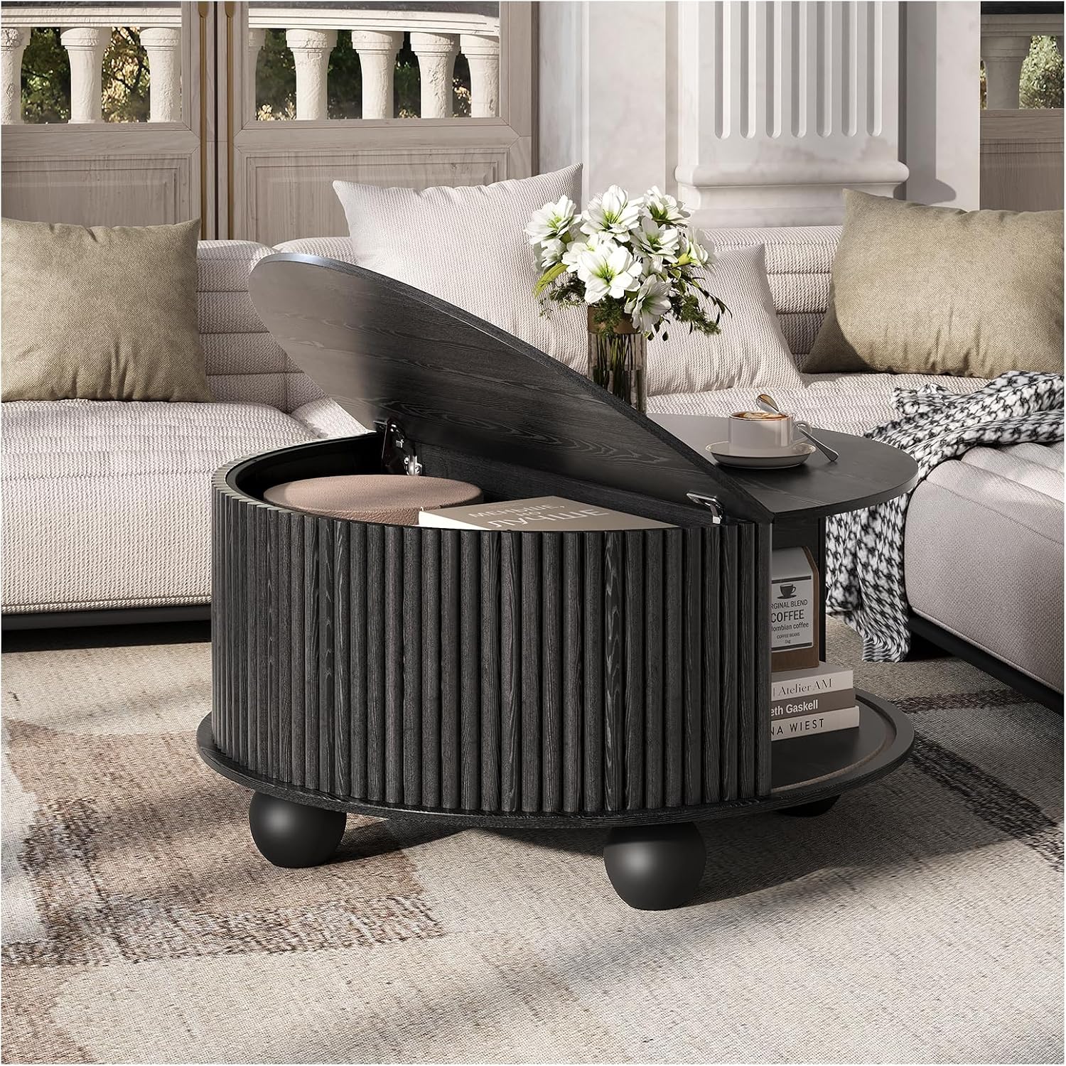 Round Coffee Table with Storage, 31.5' Mid Century Modern Coffee Table with Sliding Door & Bun Feet, Minimalist Fluted Center Table for Living Room, Home Small Space, Black