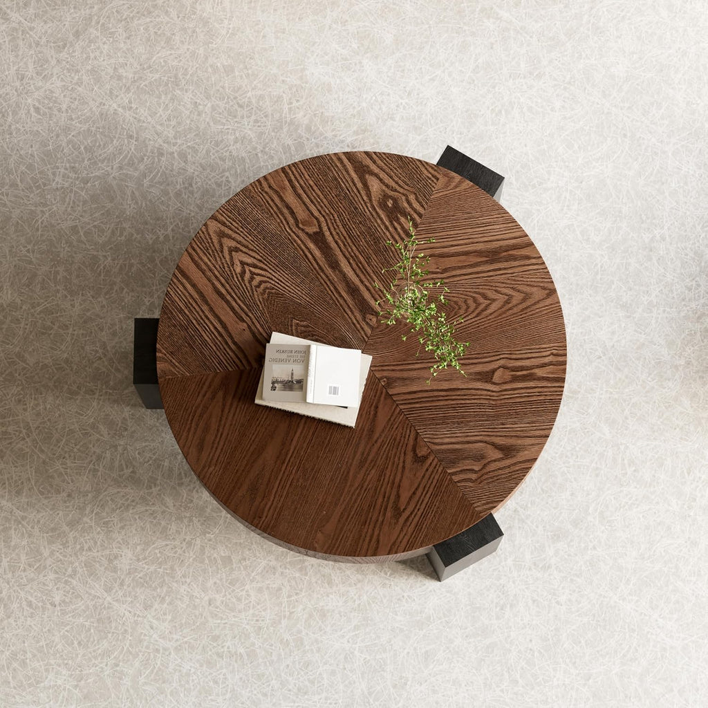 33'' Round Coffee Table with Hidden Storage, Modern Wood Veneer Top, 3 Block Legs Sturdy Center Accent Table for Living Room, Small Space, Walnut & Black