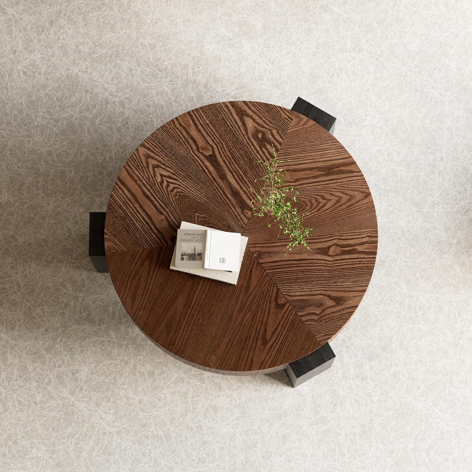 33'' Round Coffee Table with Hidden Storage, Modern Wood Veneer Top, 3 Block Legs Sturdy Center Accent Table for Living Room, Small Space, Walnut & Black