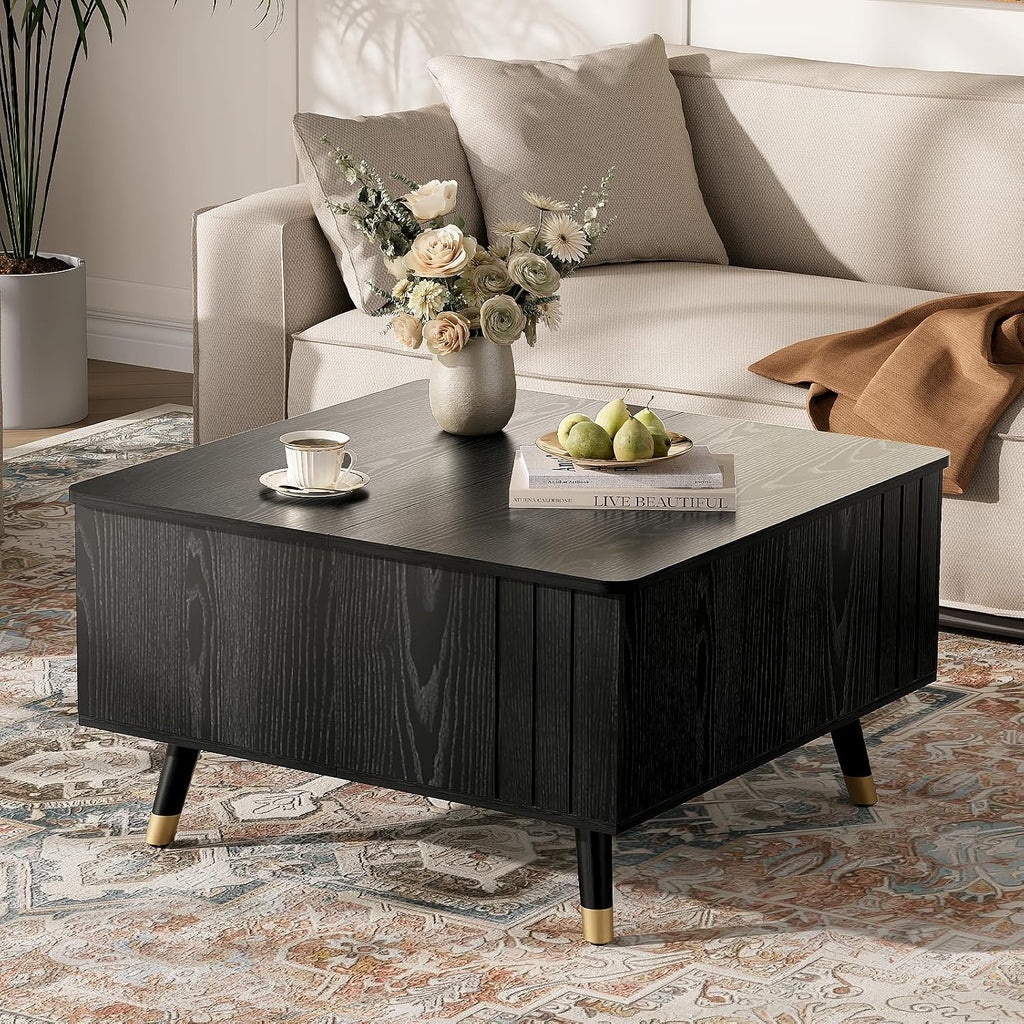 Square Coffee Table with Lift-Top & Flip-Top Storage, 36' Lift Tabletop Dining Center Table with Solid Wood Legs, Functional Modern Black Coffee Tables for Living Room Small Space or Office