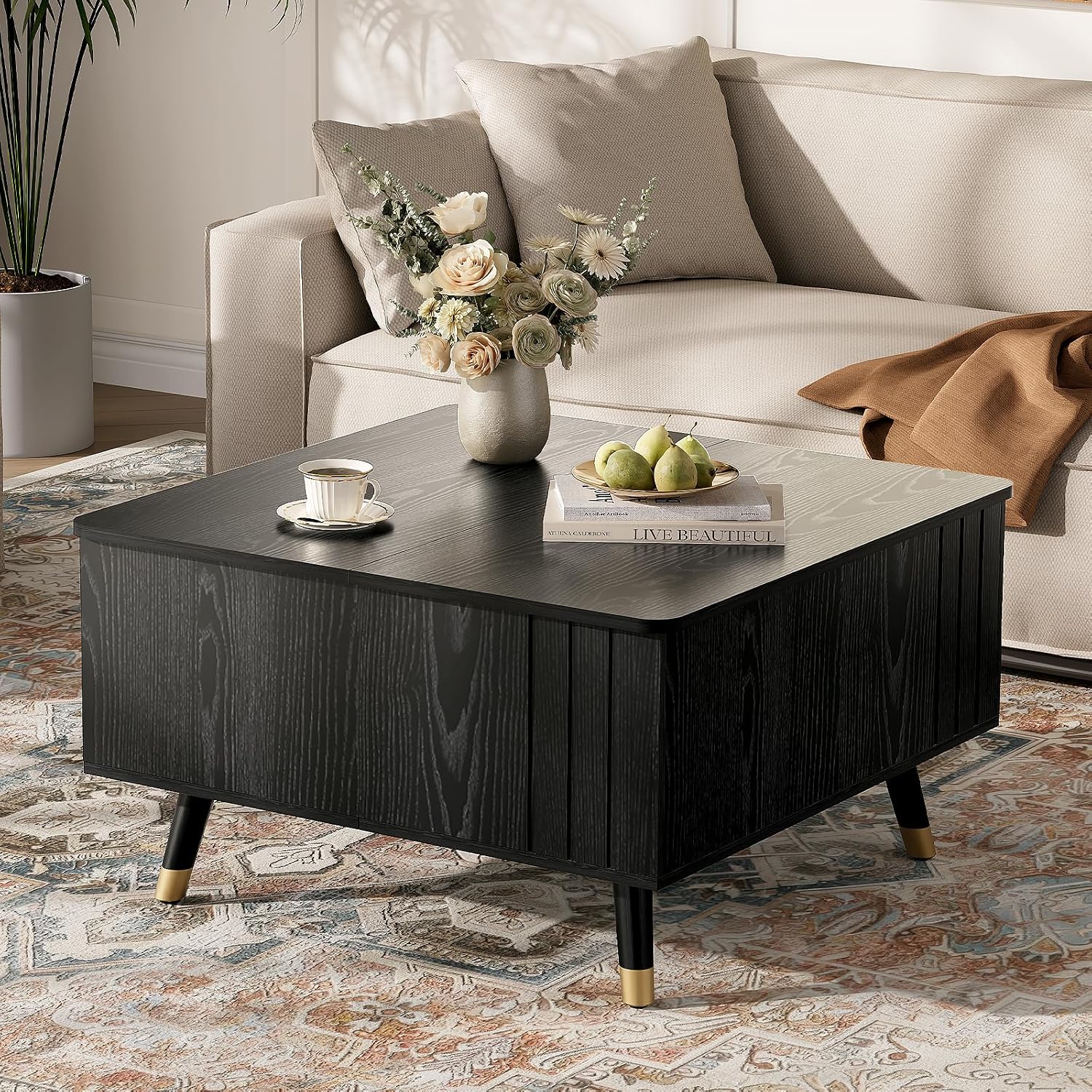 Square Coffee Table with Lift-Top & Flip-Top Storage, 36' Lift Tabletop Dining Center Table with Solid Wood Legs, Functional Modern Black Coffee Tables for Living Room Small Space or Office