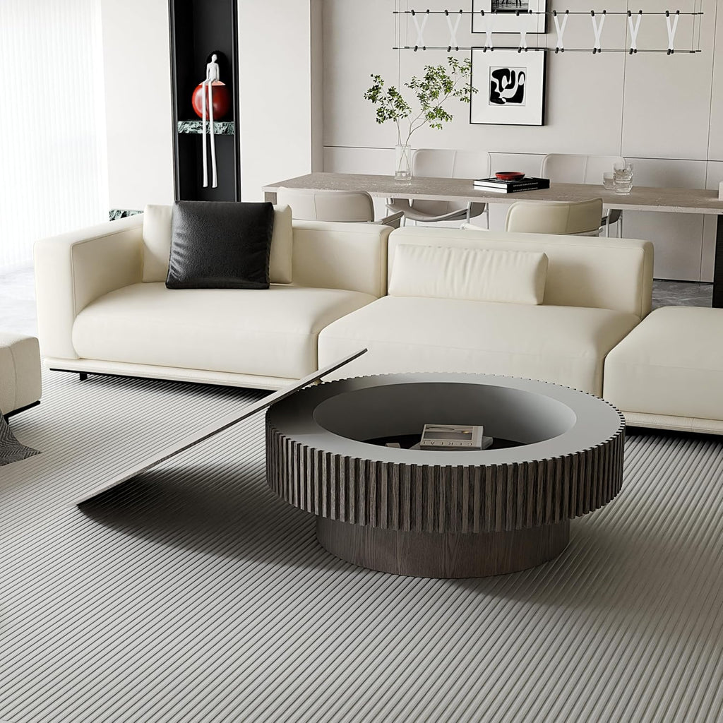 39.37'' Round Coffee Table with Storage, Solid Wood Veneered Modern Drum Coffee Table Accent Tea Table for Living Room, Bedroom, Apartment or Office-Gray