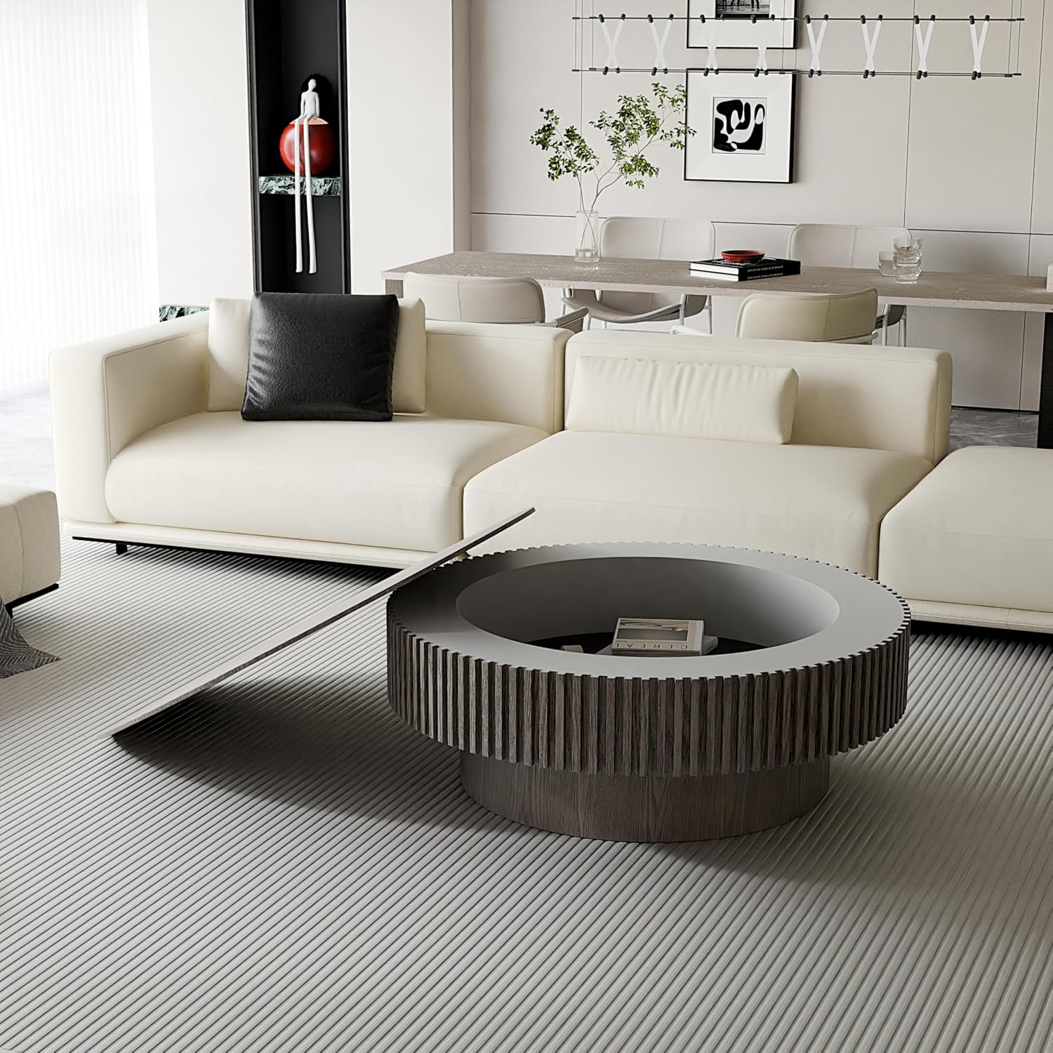 39.37'' Round Coffee Table with Storage, Solid Wood Veneered Modern Drum Coffee Table Accent Tea Table for Living Room, Bedroom, Apartment or Office-Gray