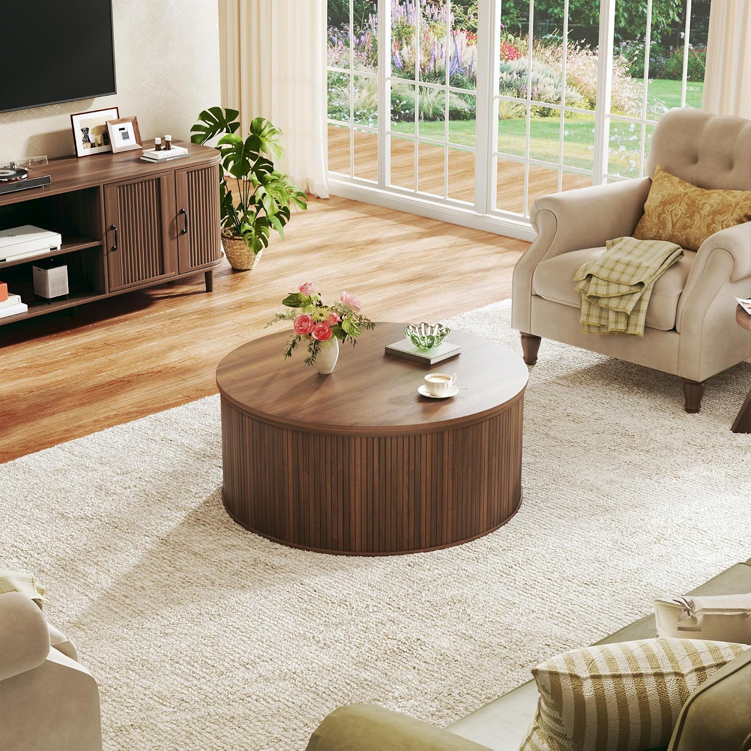 HUAHUU Round Coffee Table with Storage, 31.5' Lift Top Coffee Table, Mid Century Modern Coffee Tables for Living Room, Apartment Office, Fluted Table with Rustic Wood Desktop, Walnut