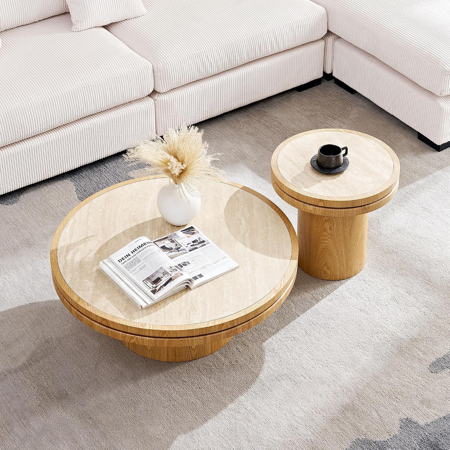 35.43' Farmhouse Round Coffee Table with Sintered Stone Tabletop, Sturdy Wood MDF Pedestal Coffee Tables for Living Room, Modern Circle Center Tea Table for Apartment, Office Bedroom Natural