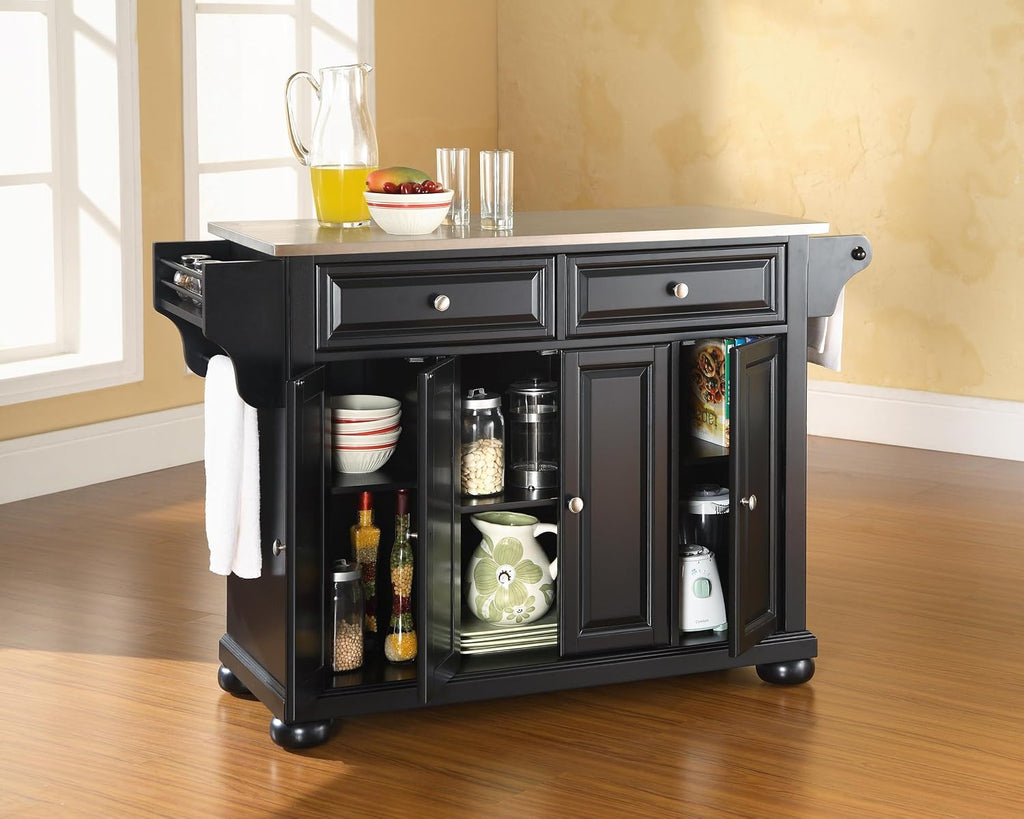 Crosley Furniture Alexandria Stainless Steel Top Rolling Kitchen Island Storage Cart, Spice Rack, Black
