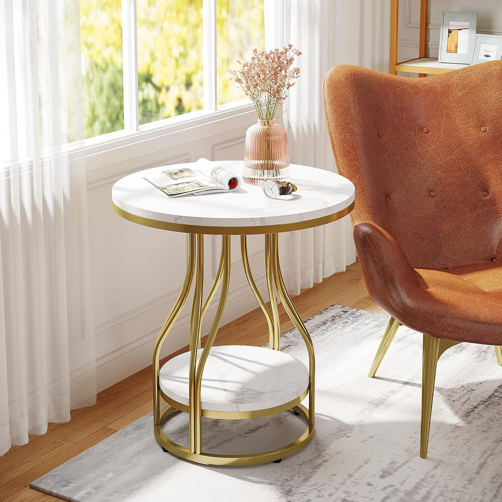Tribesigns Round Side End Table 2-Tier End Tables Modern Bedside Table Small Chairside Tables with Storage for Couch Side, Nightstand with Metal Frame for Living Room (2 pcs, White+Gold)