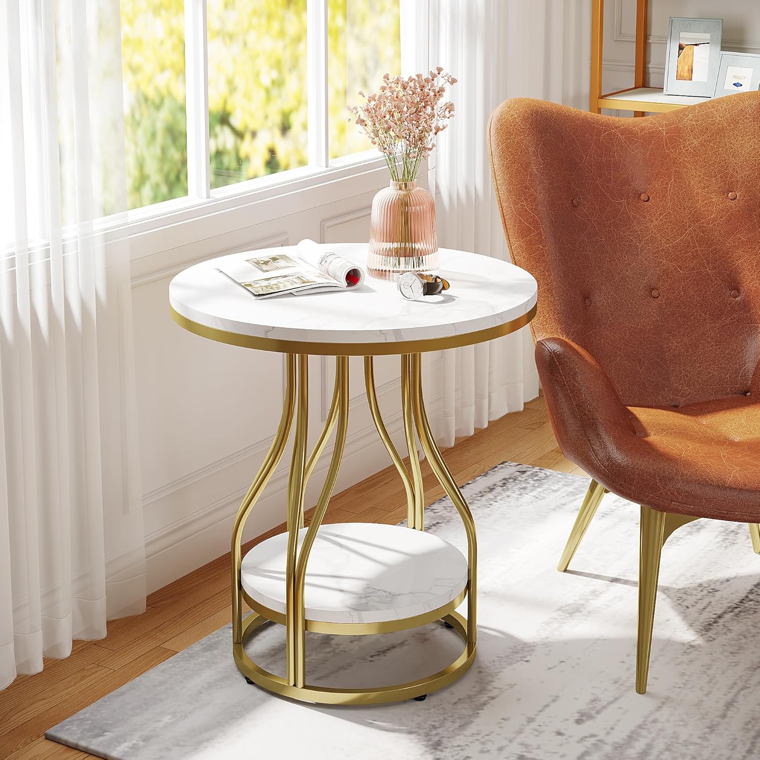 Tribesigns Round Side End Table 2-Tier End Tables Modern Bedside Table Small Chairside Tables with Storage for Couch Side, Nightstand with Metal Frame for Living Room (2 pcs, White+Gold)