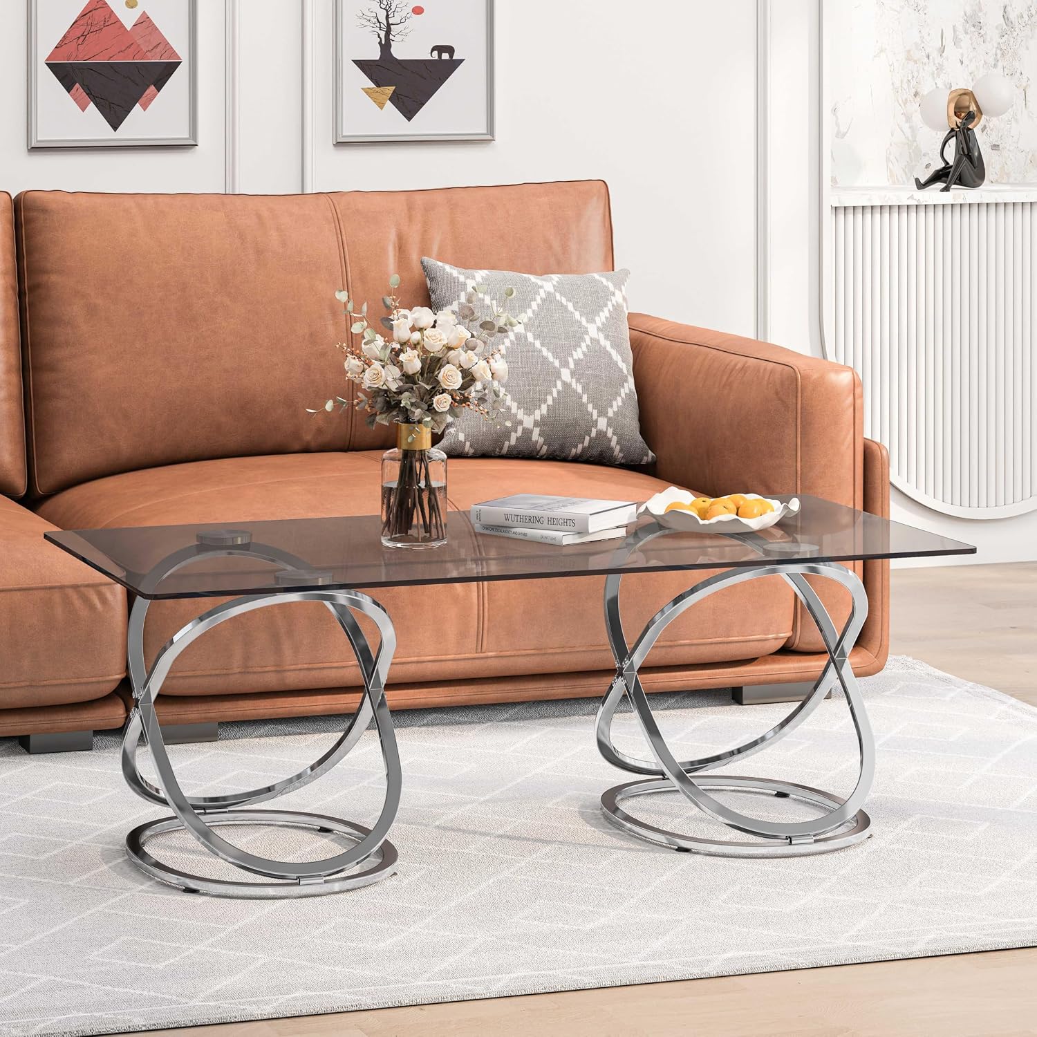 47' Rectangle Coffee Table with Tempered Glass Tabletop, Modern Chrome Ring Base, Gray, Luxury Living Room Center Table