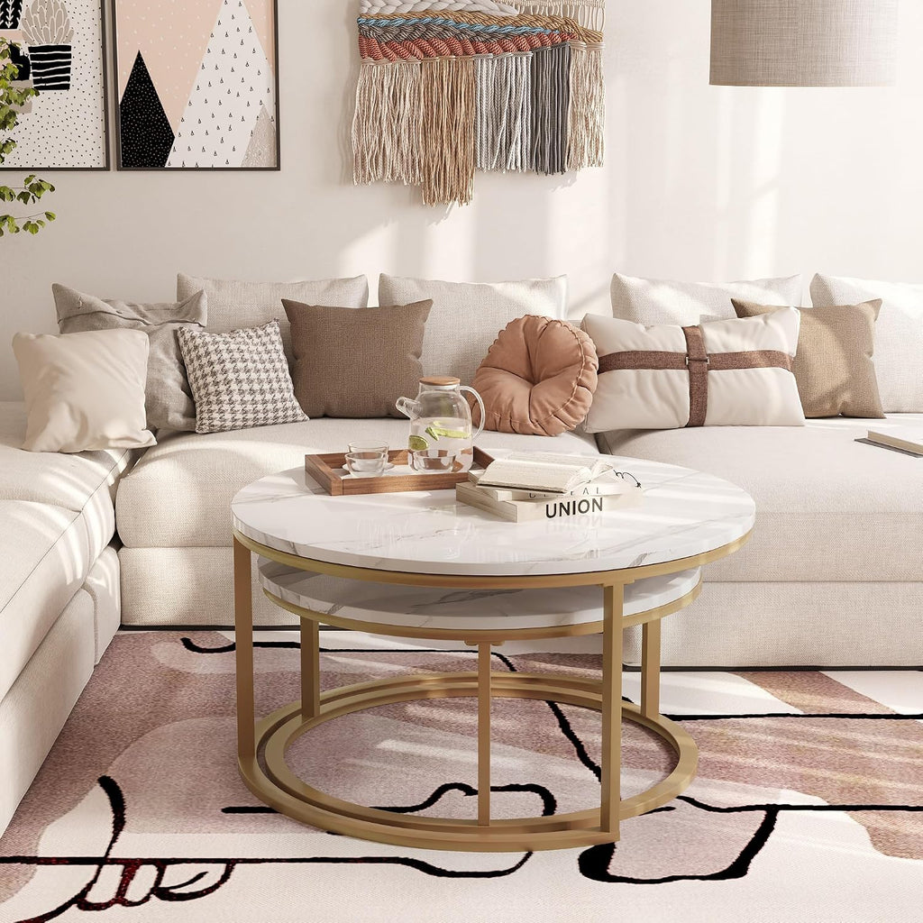WiberWi Round Coffee Table Nesting Tables Set of 2, Large : Ø 34.0', Small : Ø 26.0', Modern Design Coffee Tables for Living Room, Gold Metal Frame Circle Cocktail Table, High Glossy Faux White Marble