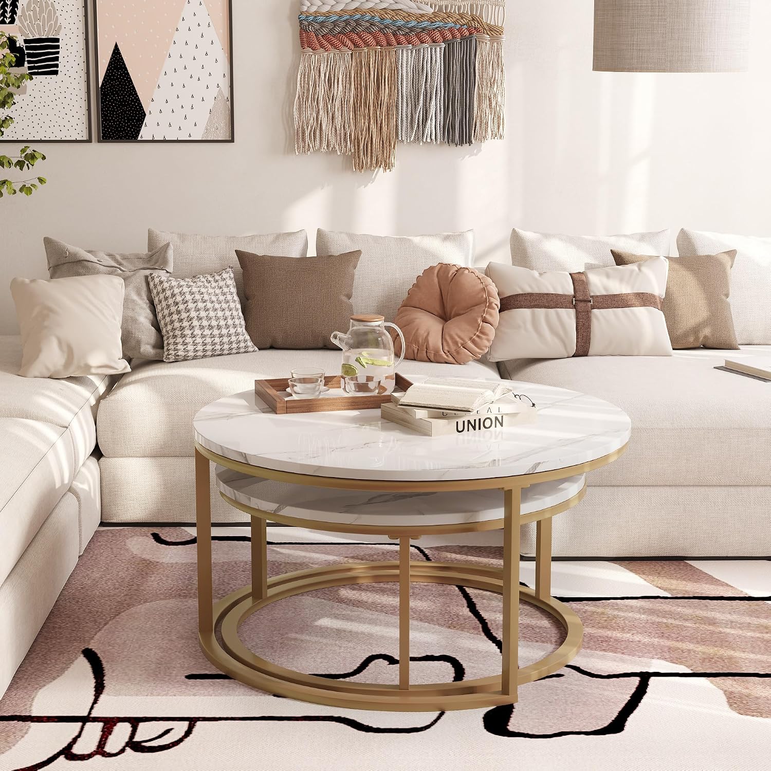 WiberWi Round Coffee Table Nesting Tables Set of 2, Large : Ø 34.0', Small : Ø 26.0', Modern Design Coffee Tables for Living Room, Gold Metal Frame Circle Cocktail Table, High Glossy Faux White Marble