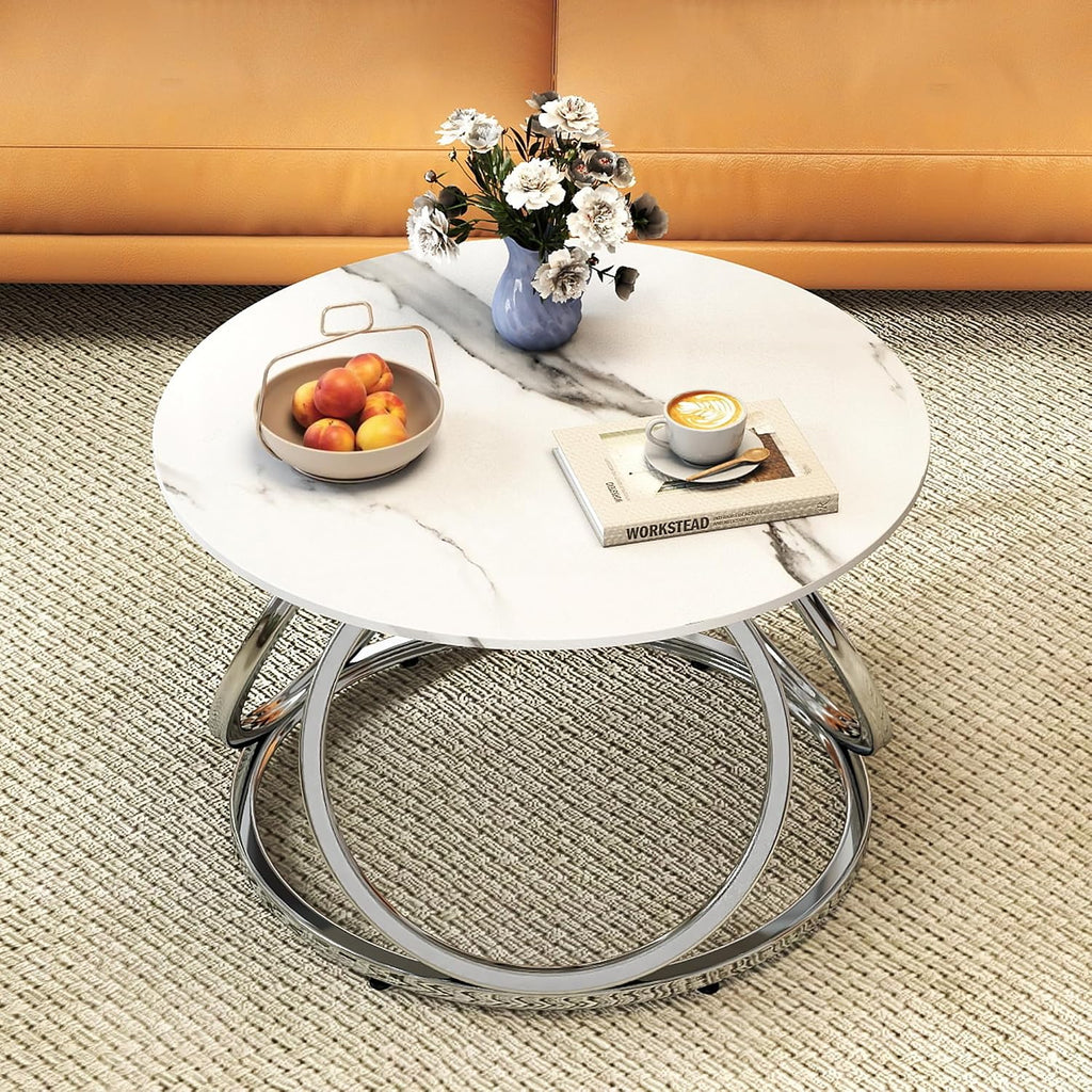 O&K FURNITURE Silver Coffee Table, Round Coffee Table Faux Marble Veins, Modern Center Table with Chrome Finish, for Living Room, Home Office, 1 PC