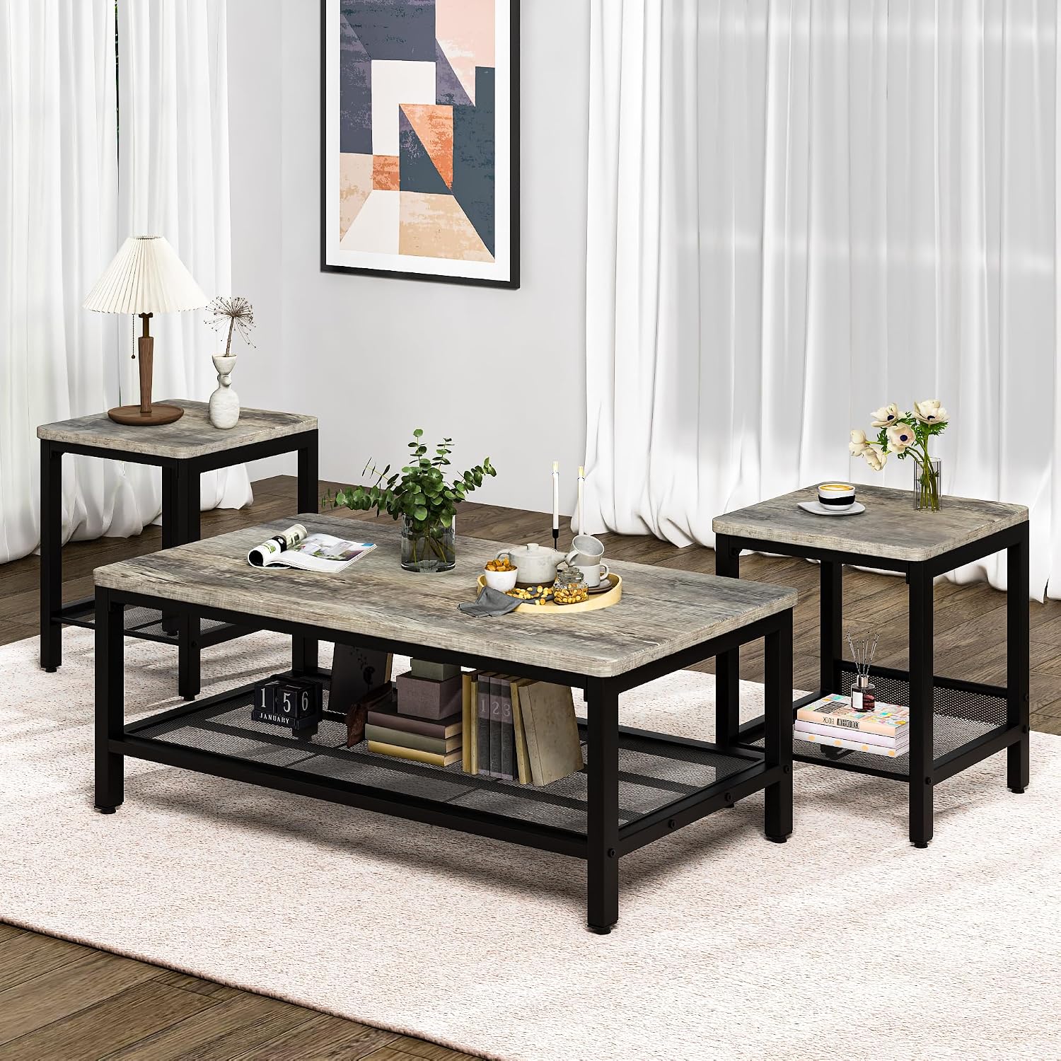 Lamerge Coffee Table Set of 3 Coffee Table and end Table Sets, Modern Metal Frame Living Room Center Table for Small Apartment Home Office（Gray）