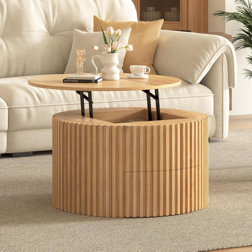Round Lift Top Coffee Table, 29.8' Modern Fluted Wood Circle Table with Hidden Storage Drawer, Natural Solid Wood & MDF Cylinder Side Table for Living Room Bedroom Small Space