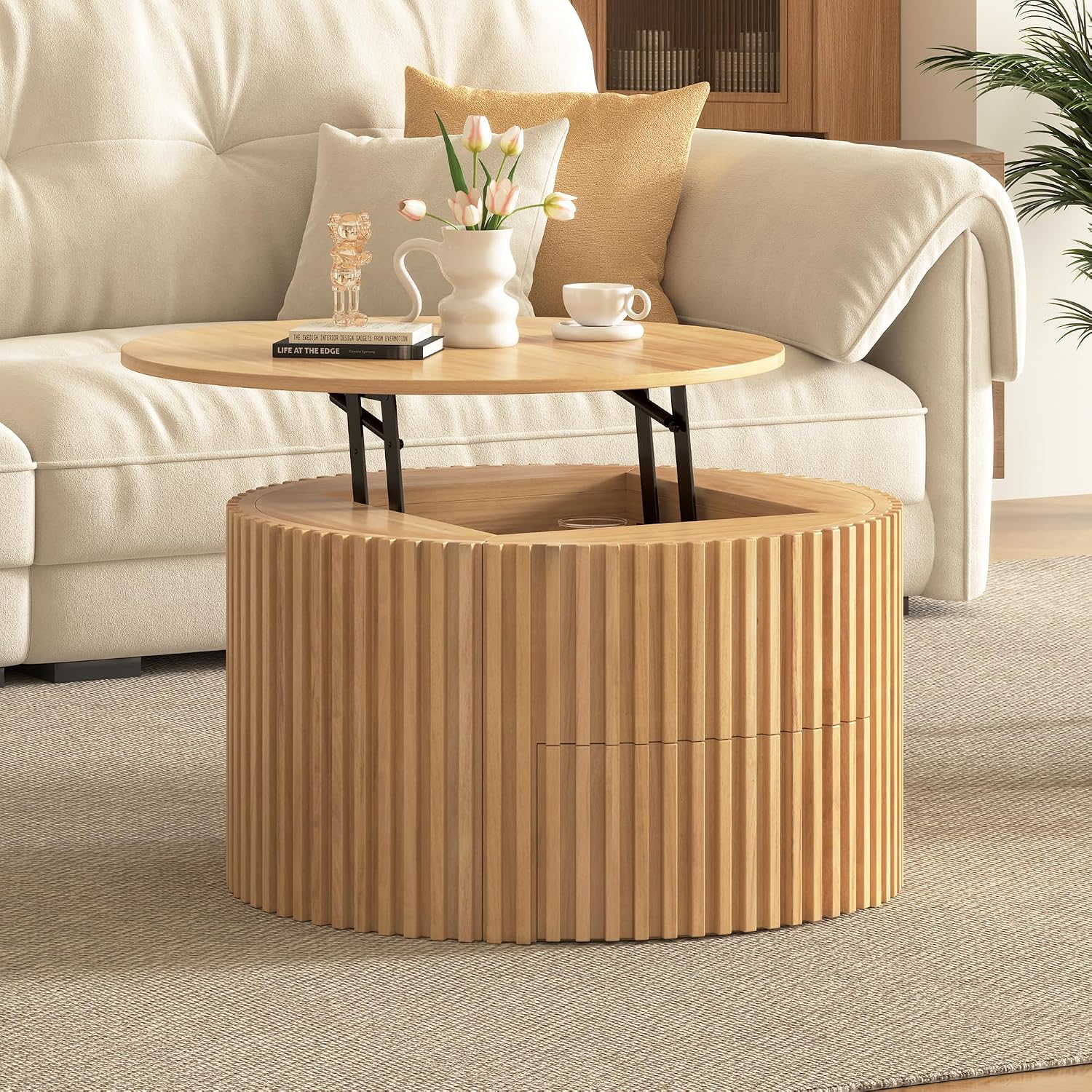 Round Lift Top Coffee Table, 29.8' Modern Fluted Wood Circle Table with Hidden Storage Drawer, Natural Solid Wood & MDF Cylinder Side Table for Living Room Bedroom Small Space