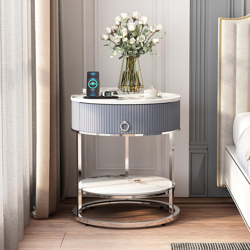 OIOG Modern End Table with Drawer, 2 Tier Side Table with Shelf, Round Nightstand with Sintered Stone Tabletop and Chrome Legs for Living Room, Bedroom, Home Office, Dorm, Silver