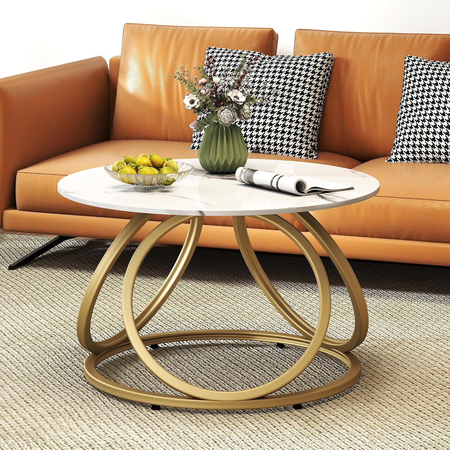 O&K FURNITURE Gold Round Coffee Table, Faux Marble Top with Veins, Modern Center Table with Gold Metal Frame, for Living Room, Home Office, 1 PC
