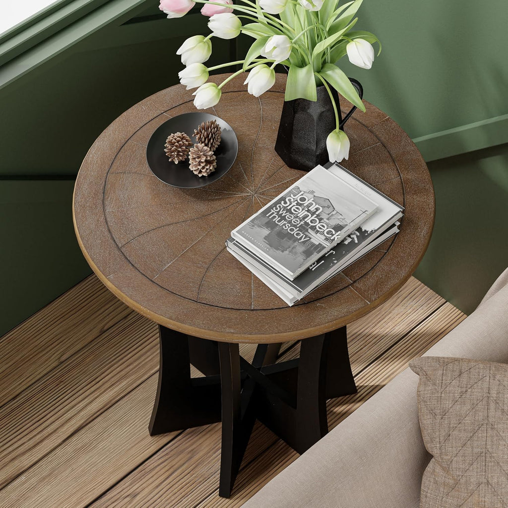 COZAYH Farmhouse Round End Table X 2P with Criss-Cross Wood Legs, Rustic French Country Side Table for Dinning or Living Room, Modern, Black, Natural Wood Color