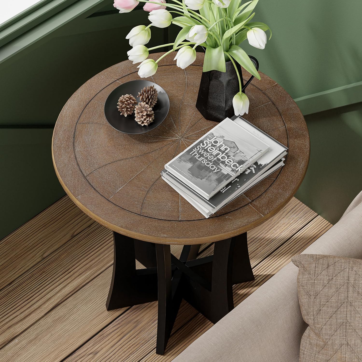 COZAYH Farmhouse Round End Table X 2P with Criss-Cross Wood Legs, Rustic French Country Side Table for Dinning or Living Room, Modern, Black, Natural Wood Color