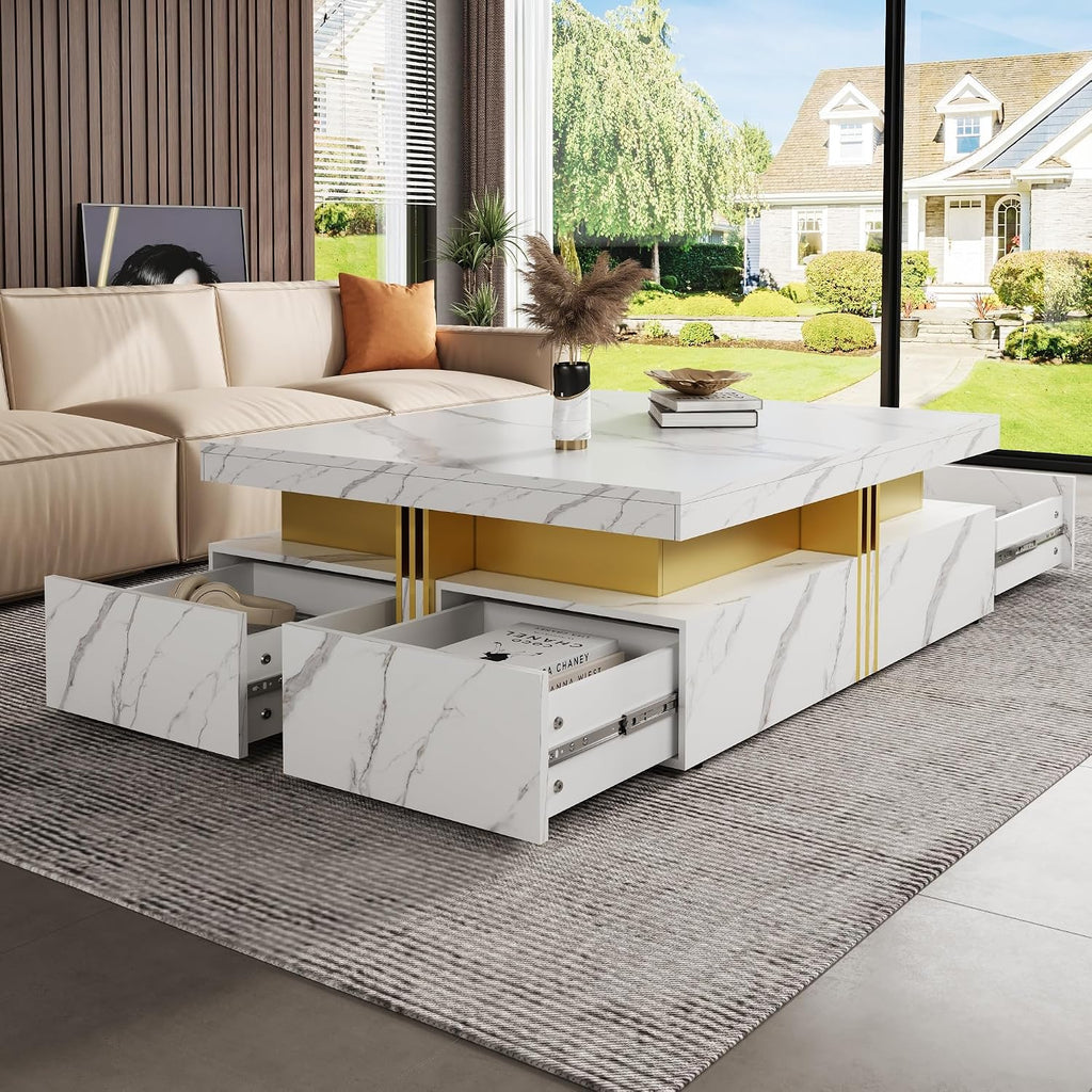 Merax 43.3' Modern Square Storage Coffee Table with 4 Drawers, with Marbling Gold Accents, Functional Center Tables for Living Room Apartment, White