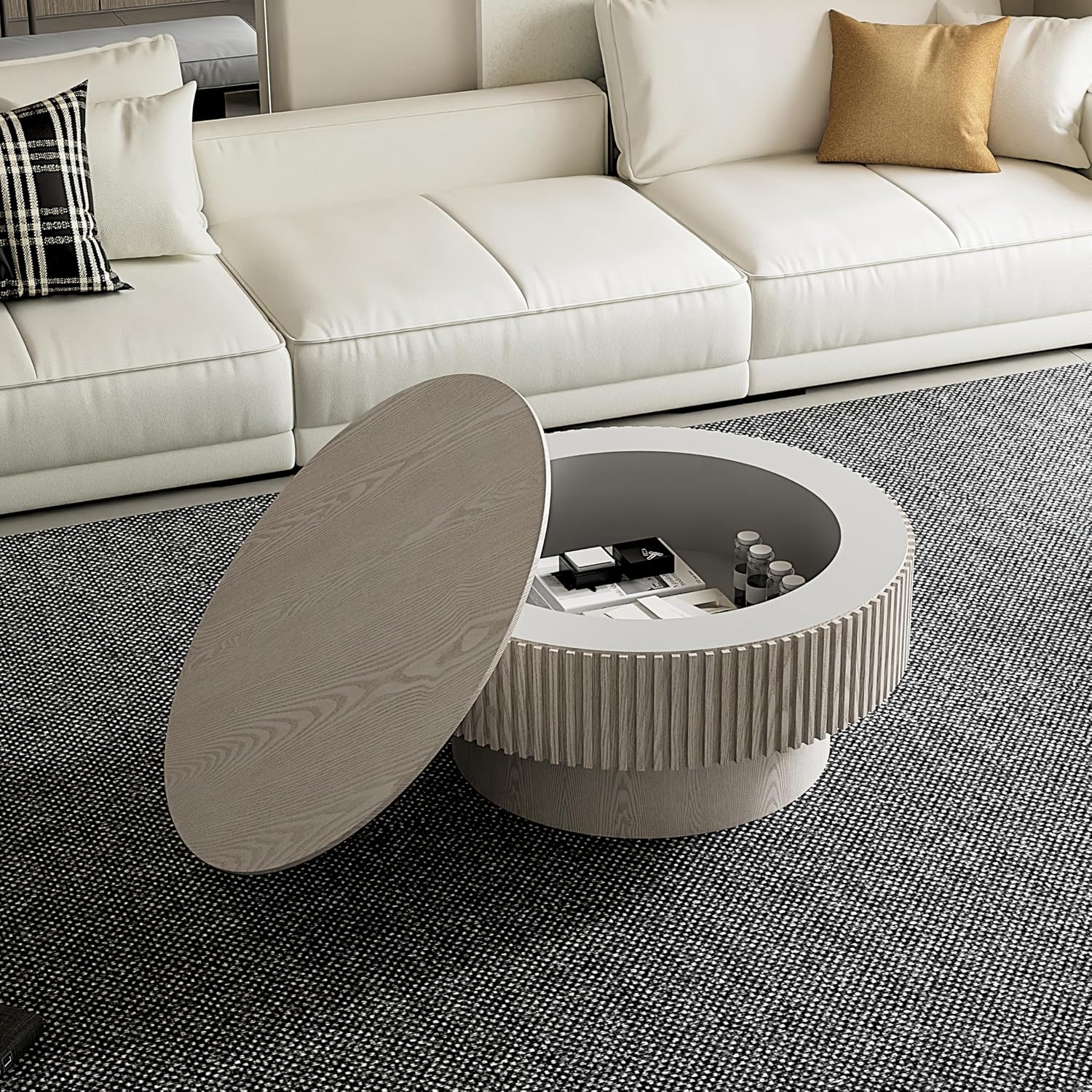31.5'' Round Coffee Table with Storage, Modern Luxury Circle Drum Center Tables with Solid Wood Veneered, Accent Side Coffee Table for Living Room, Bedroom, Apartment-White