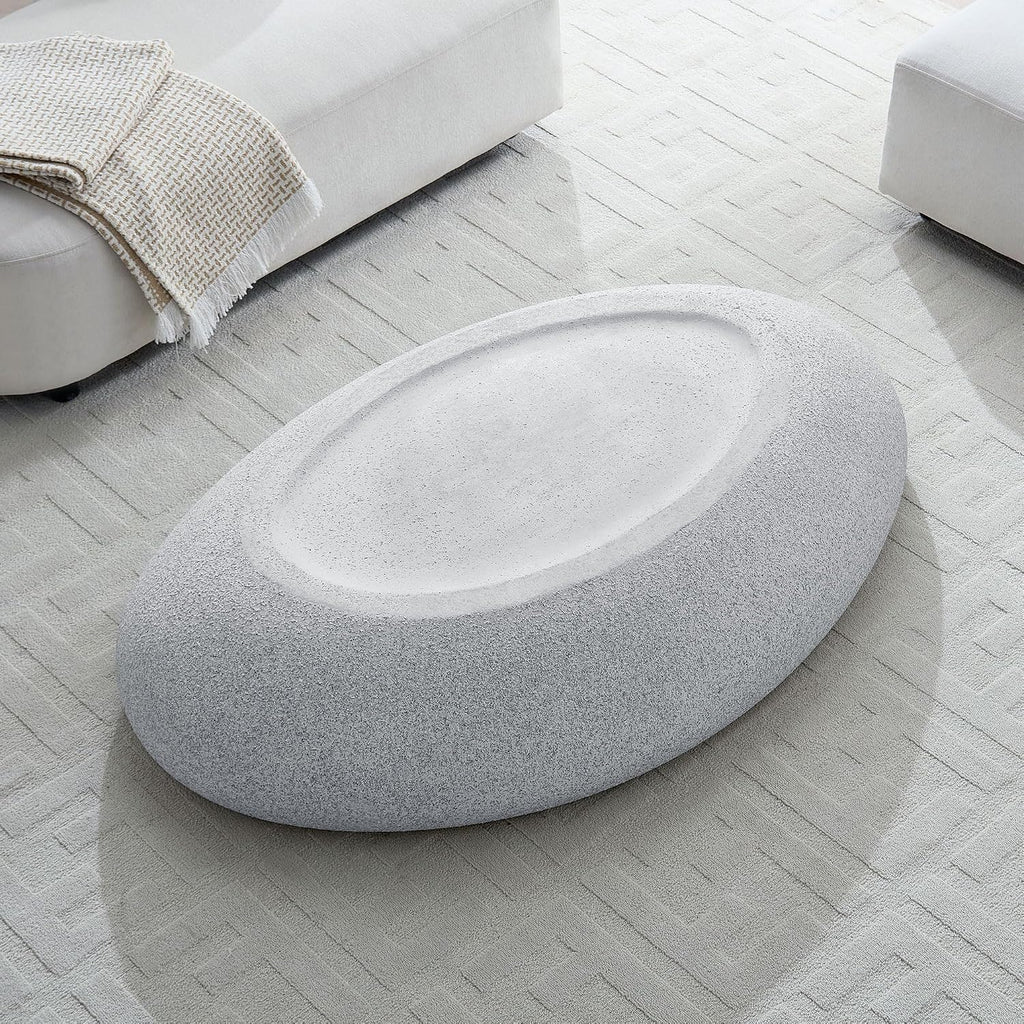 55.12' Modern Faux Stone Coffee Table for Living Room, Fiberglass Minimalist Accent Center Table, Oval Stone Tea Table for Office, Apartment, No Need Assembly, Rock Grey