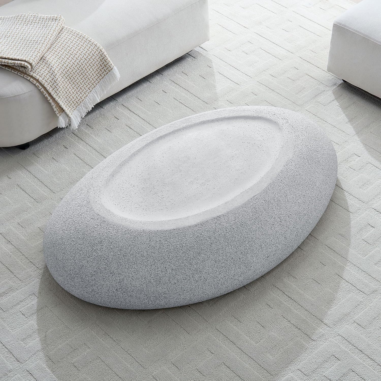 55.12' Modern Faux Stone Coffee Table for Living Room, Fiberglass Minimalist Accent Center Table, Oval Stone Tea Table for Office, Apartment, No Need Assembly, Rock Grey