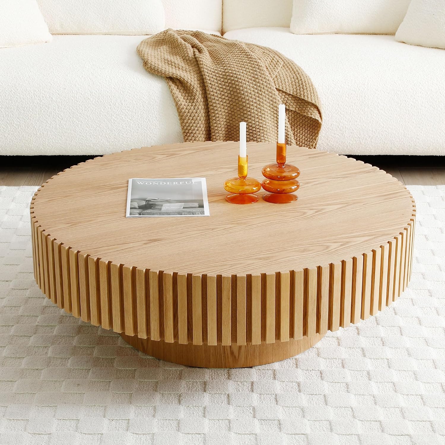 31.49' Round Fluted Coffee Table for Living Room, Mid Century Modern Drum Coffee Table with Sturdy Pedestal, Circle Center Table Accent Tea Table for Apartment ASH