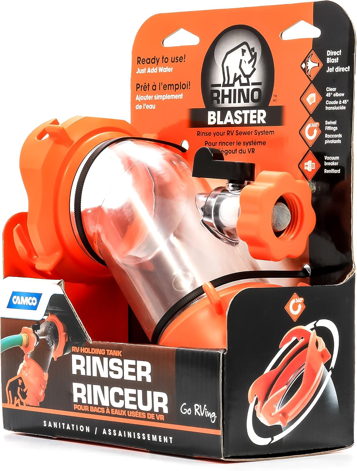 Camco Rhino Blaster RV Tank Rinser with Backflow Preventer - RV Accessories for Toilet and Waste Tank Cleaning - Essential Camper Supplies for Odor Control and Sensor Maintenance - (39080),(Pack of 4)