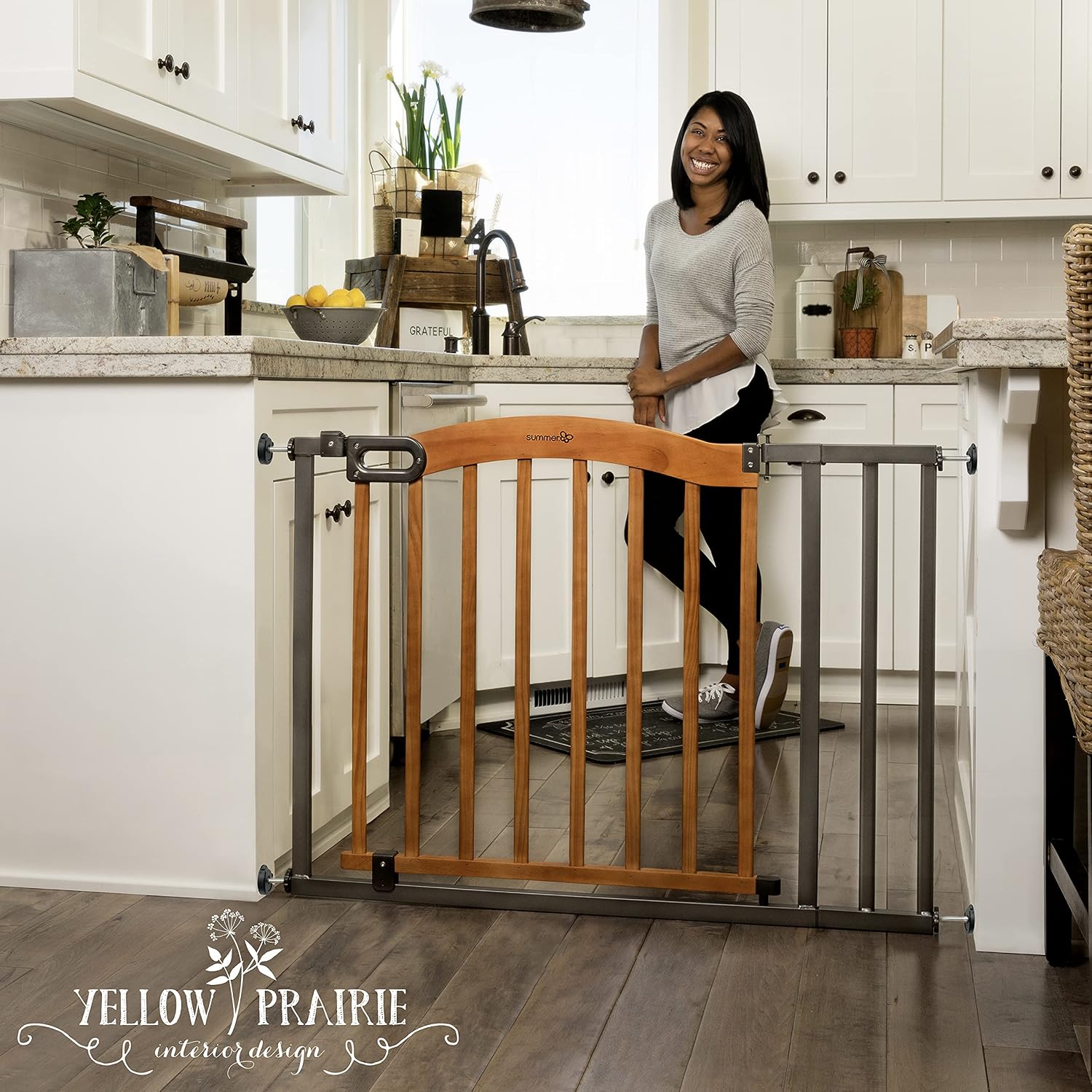 Summer Infant Anywhere Decorative Walk-Thru Pet and Baby Gate, 28' - 42.5' Wide, 30' Tall, Pressure Mounted, Insall In-between Rooms and Doorways, Walnut Wood with Metal Charcoal Accents