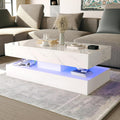 HOMFAMILIA LED Coffee Table with 2 Storage Drawers, Modern High Gloss White Coffee Table w/20 Colors LED Lights, 2 Tiers Rectangle Center Table for Living Room with Marbling Print, APP Control, White