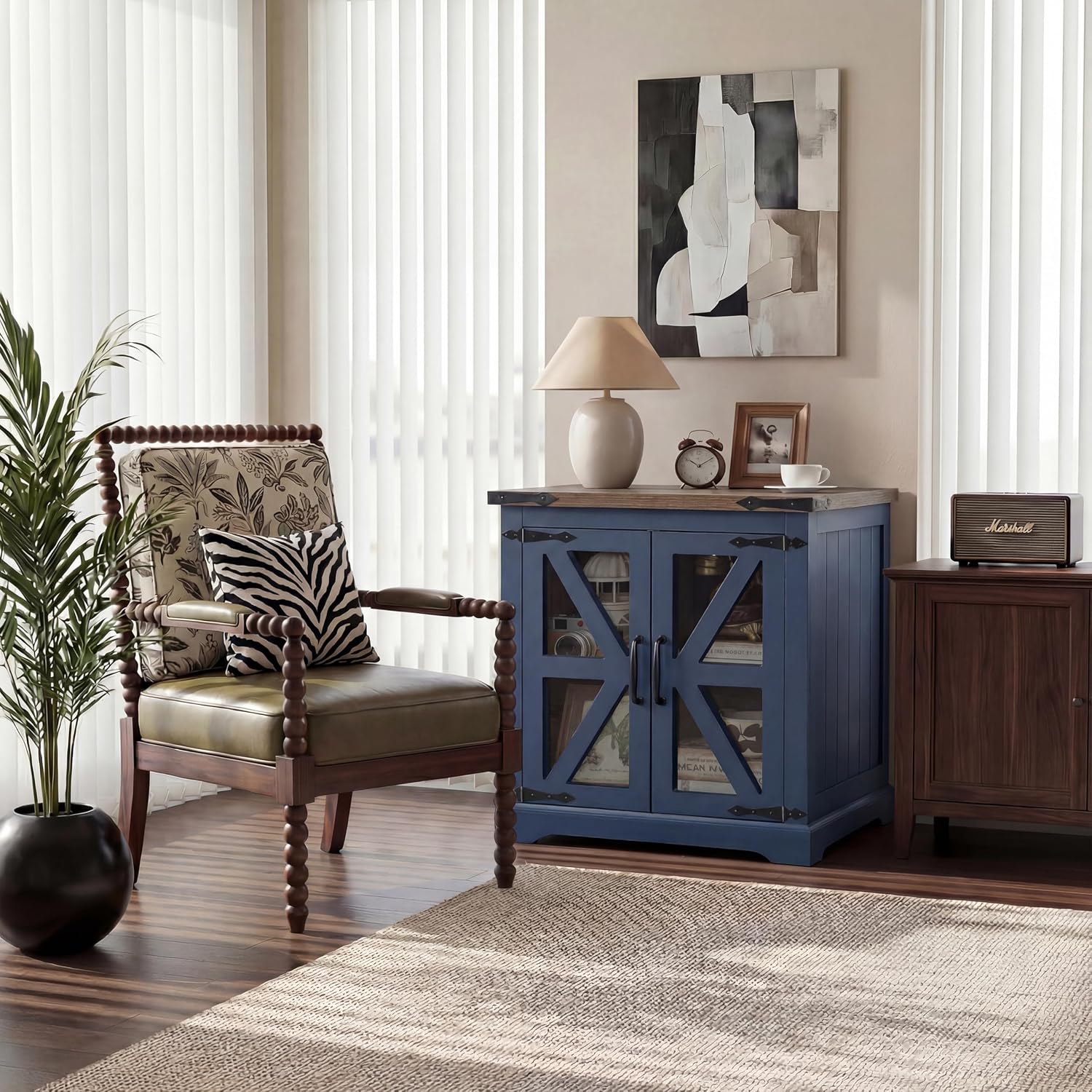 Farmhouse End Table, 24' Large End Tables with Storage, Rustic Square Sofa Beside Table with Glass Barn Door, Wood Side Table Square Nightstand for Living Room, Bedroom, Office (Misty Blue)