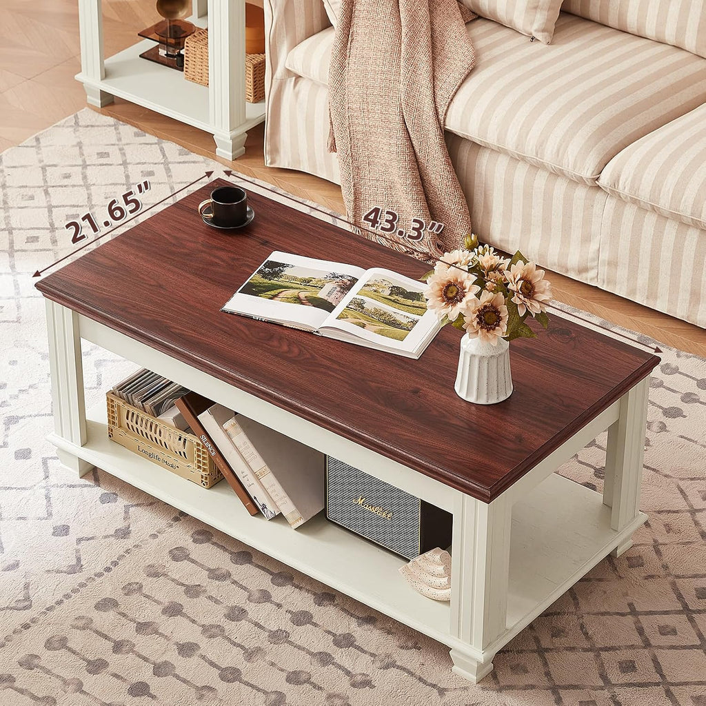 SAVOR LIFE Farmhouse Coffee Tables for Living Room,Square Tea Table with Open Storage Shelf,Large Coffee Table,Rustic Wooden Center Table,White